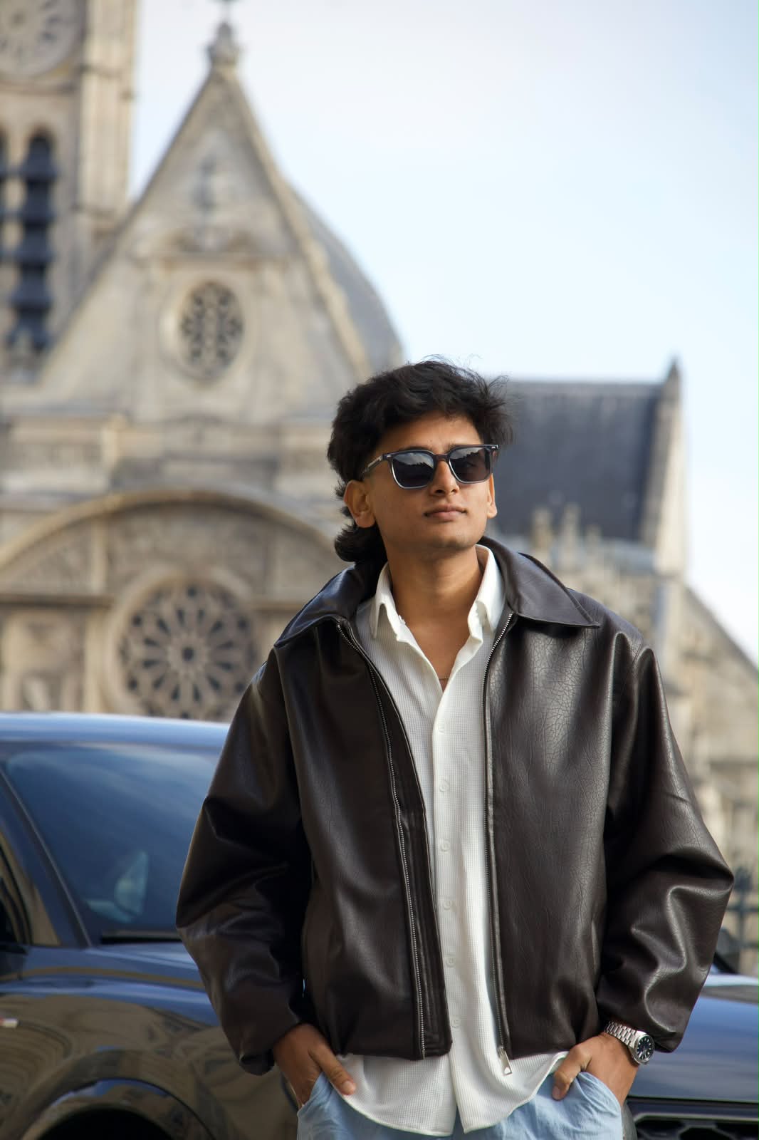 Leather jacket portrait by a Paris church