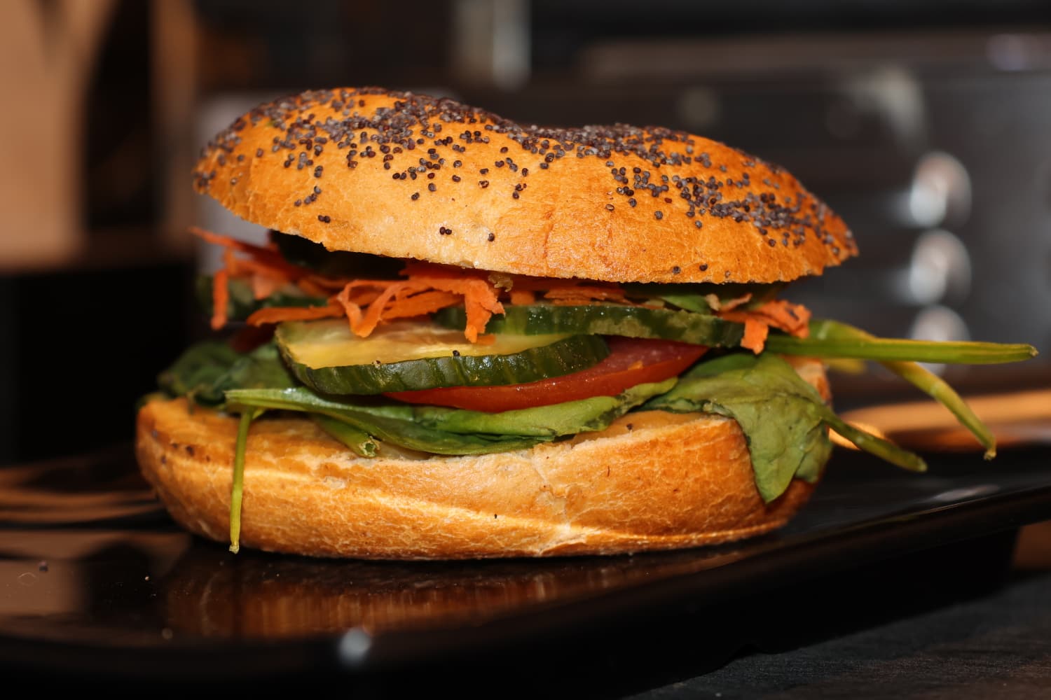 Poppy seed bagel sandwich, layered fresh